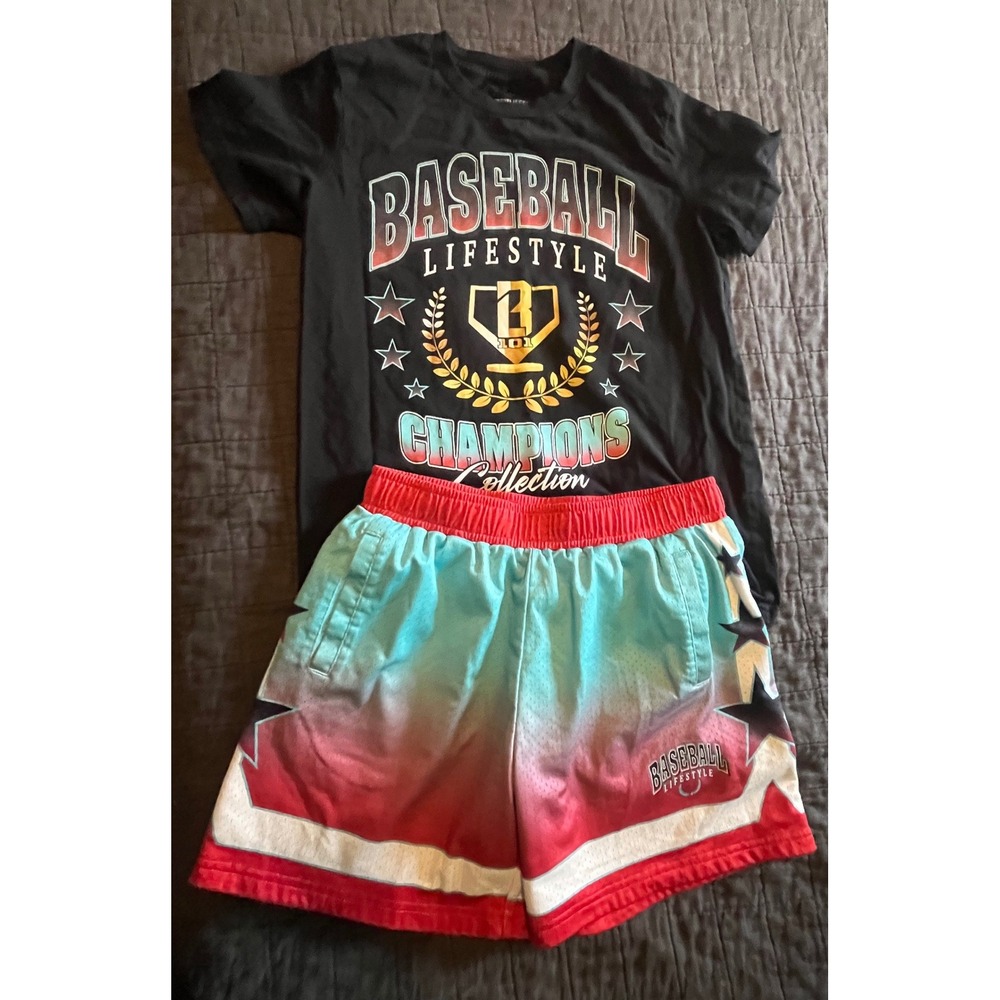Baseball Lifestyle 101 Youth Large Champions Set Black Tee & Ombre Mesh Shorts